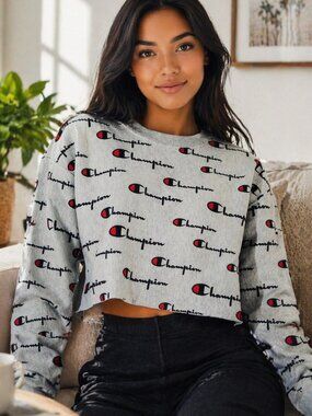 Champion Reverse Weave Oversized Cropped Sweatshirt All-Over Logo Design